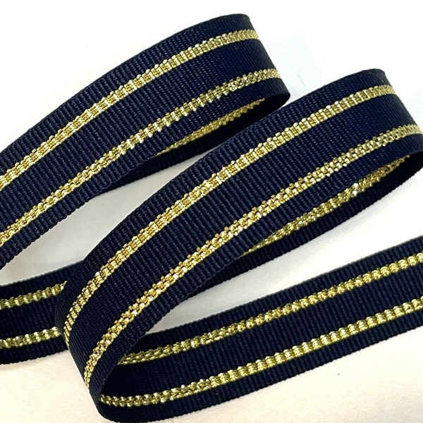5 yards 5/8" Nautical Captain Navy Gold Stripes Woven Grosgrain Ribbon DIY