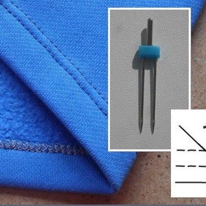 Puede incluir: Primer plano de una costura de tela azul con una puntada en zigzag. Se muestra una aguja doble con un soporte de pl&aacute;stico azul junto a la tela. Tambi&eacute;n se muestra un diagrama de una puntada en zigzag.