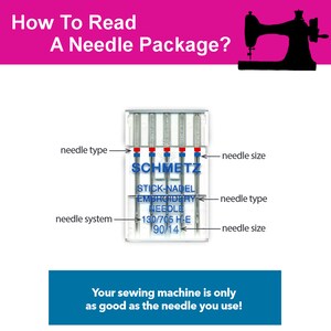 May include: Close-up of a package of Schmetz embroidery needles. The package shows the needle size, needle type, and needle system. The text on the package reads "Stick-Nadel Embroidery Needle 130/705 H-E 90/14".