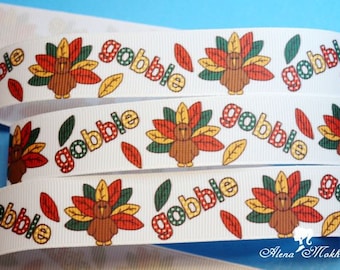 5 yards 7/8" Gobble Turkey Harvest Thanksgiving Fall Leaves Printed Grosgrain Ribbon