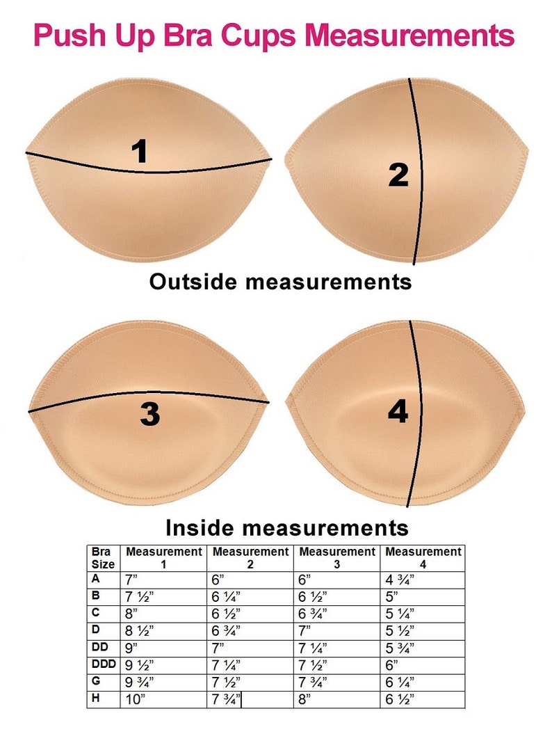 Puede incluir: Diagrama que muestra las medidas de las copas de sujetador push-up. El diagrama muestra cuatro copas de sujetador con medidas etiquetadas del 1 al 4. Una tabla enumera las tallas de sujetador de la A a la H con las medidas correspondientes para cada talla de copa en pulgadas.