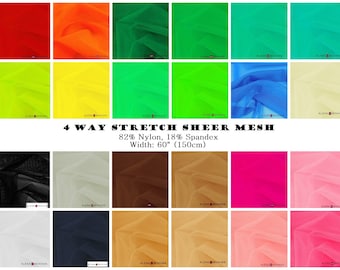 1/2 yard 4 Way Stretch Sheer Power Mesh Net Fishnet Fabric For Dance Gymnastics Skate Gowns  - By The Yard or By The Half Yard -76 COLORS