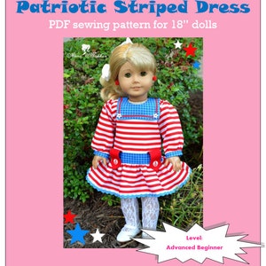 18&quot; Doll Clothes PDF Sewing Pattern - Vintage Patriotic Striped Dress fits American Doll