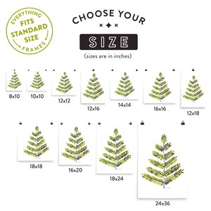 Puede incluir: Un gr&aacute;fico que muestra los diferentes tama&ntilde;os de impresiones disponibles para comprar. El gr&aacute;fico muestra un dise&ntilde;o de helecho verde estilizado en varios tama&ntilde;os, que van desde 8x10 pulgadas hasta 24x36 pulgadas.