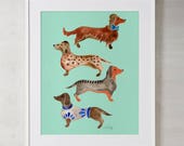 Dachshunds Watercolor Painting Art Print by CatCoq Museum-quality poster printed on matte paper. Archival, acid-free Dog Dogs