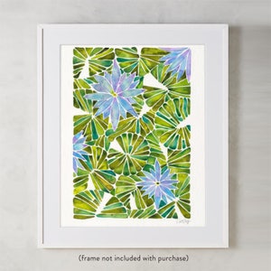 May include: Watercolor painting of a stylized floral pattern with blue flowers and green leaves. The flowers are arranged in a geometric pattern, and the leaves are arranged in a more organic pattern.
