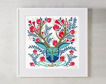 Floral Antlers – Acrylic Painting Art Print by CatCoq. Museum-quality on thick, archival, matte paper. Deer • Antler • Animal • Woodland