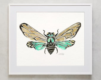 Summer Cicada – Watercolor Painting Art Print by CatCoq. Museum-quality on thick, archival, matte paper. Locust • Summer • Insect • Bug