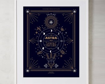 Ad Astra Per Aspera – Digital Illustration Art Print by CatCoq. Museum-quality on thick, archival, matte paper. Kansas State Motto in Latin.