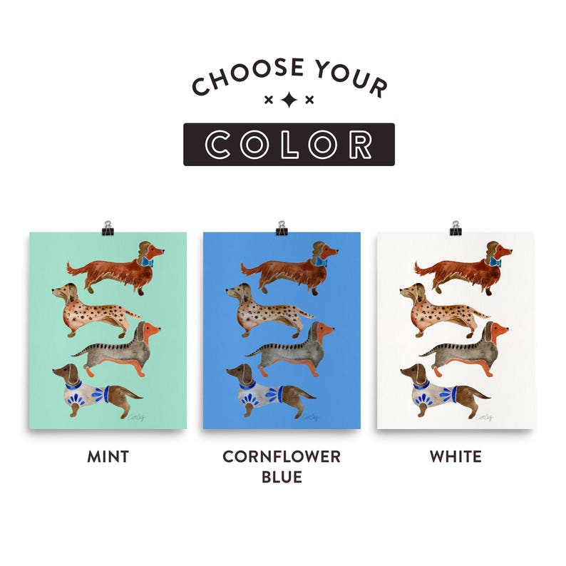 Puede incluir: Tres opciones de color diferentes para una impresi&oacute;n que presenta un grupo de cinco dachshunds con pajaritas y jers&eacute;is. Los colores son menta, azul aciano y blanco. El texto "Elige tu color" est&aacute; en la parte superior de la imagen.