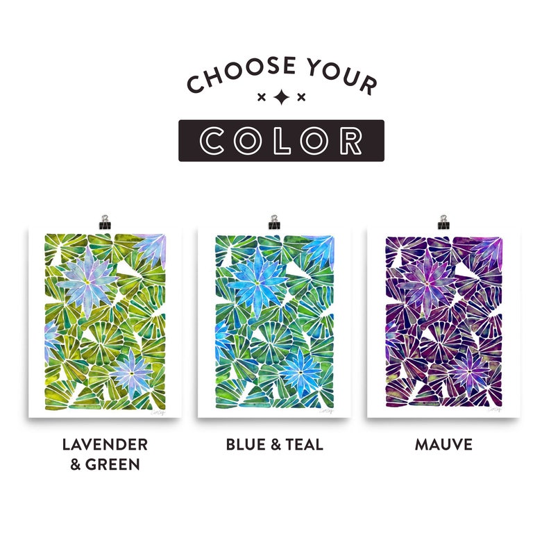 May include: Three watercolor prints of geometric floral patterns. The prints are labeled "Lavender & Green", "Blue & Teal", and "Mauve".