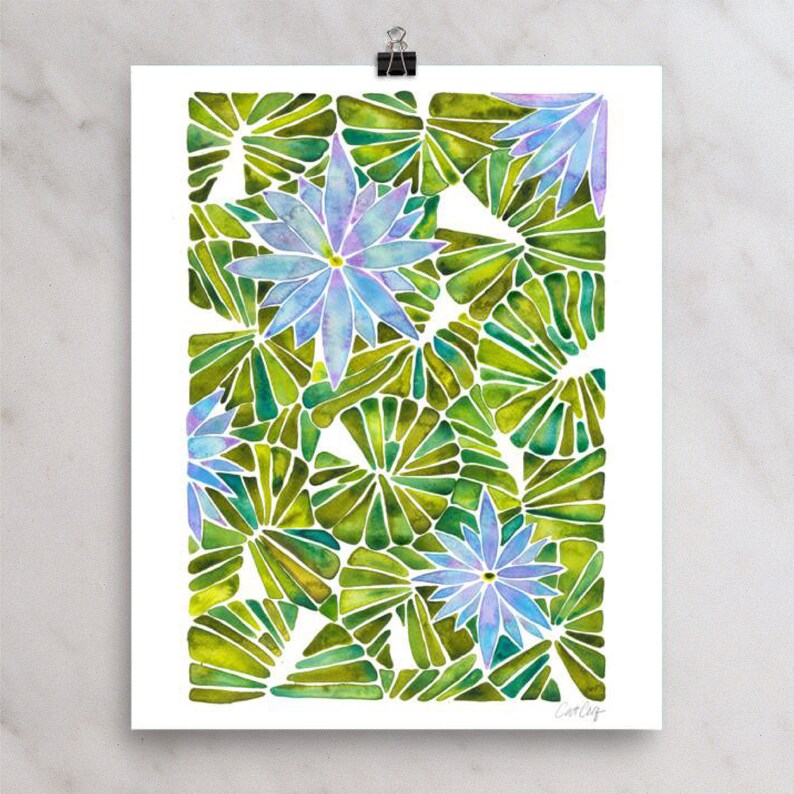 May include: Watercolor painting of a blue and purple flower with green leaves. The flower is in the center of the image and is surrounded by leaves. The leaves are arranged in a pattern that resembles a fan.
