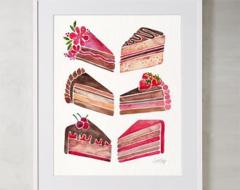 Cake Slices – Watercolor Painting Art Print by CatCoq. Museum-quality on thick, archival, matte paper. Kitchen Art • Dessert • Cakes