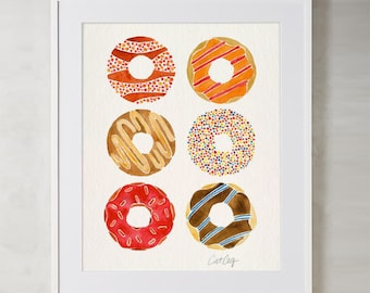 Half Dozen Donuts – Watercolor Painting Art Print by CatCoq. Museum-quality on thick, archival, matte paper. Kitchen • Food • Donut • Foodie