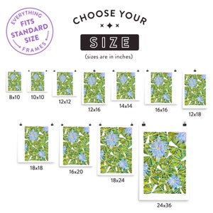 May include: A chart showing different sizes of prints available for a green and blue floral design. The sizes are listed in inches, ranging from 8x10 to 24x36.