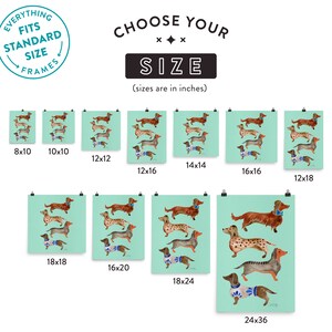 Puede incluir: Un gr&aacute;fico que muestra los diferentes tama&ntilde;os de impresiones disponibles para comprar. Las impresiones presentan una ilustraci&oacute;n de acuarela de un dachshund con un su&eacute;ter azul y blanco. Los tama&ntilde;os se enumeran en pulgadas, que van desde 8x10 hasta 24x36.