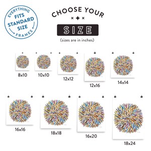 Puede incluir: Un gr&aacute;fico que muestra los diferentes tama&ntilde;os de impresiones disponibles para comprar. La impresi&oacute;n presenta un dise&ntilde;o abstracto colorido con una explosi&oacute;n de colores que irradian desde el centro. Los tama&ntilde;os se enumeran en pulgadas, que van desde 8x10 hasta 18x24.