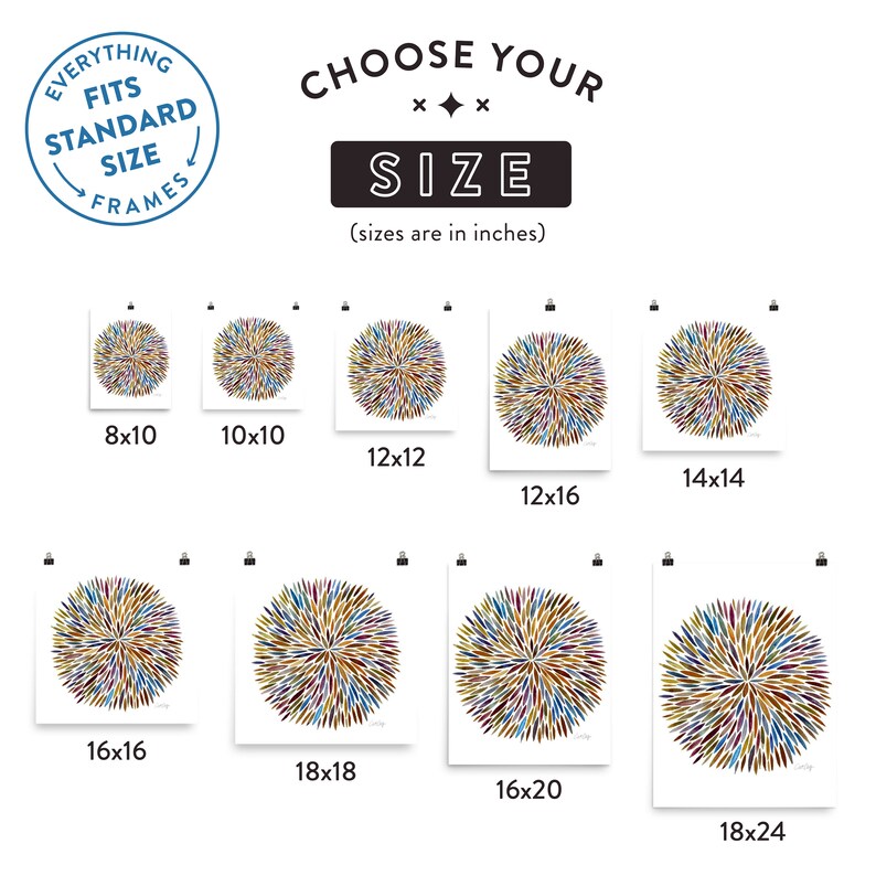 Puede incluir: Un gr&aacute;fico que muestra los diferentes tama&ntilde;os de impresiones disponibles para comprar. La impresi&oacute;n presenta un dise&ntilde;o abstracto colorido con una explosi&oacute;n de colores que irradian desde el centro. Los tama&ntilde;os se enumeran en pulgadas, que van desde 8x10 hasta 18x24.