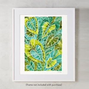 May include: Watercolor painting of green and blue leaves in a geometric pattern. The leaves are arranged in a vertical composition, with the largest leaf at the bottom and the smallest leaf at the top.