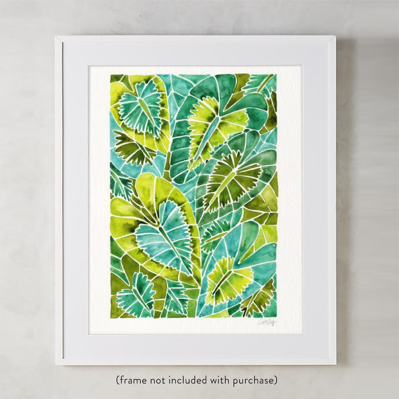 May include: Watercolor painting of green and blue leaves in a geometric pattern. The leaves are arranged in a vertical composition, with the largest leaf at the bottom and the smallest leaf at the top.