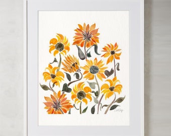 Girasoles-acuarela arte grabado por CatCoq. Calidad en papel mate grueso y archivo. Girasol • Kansas • Midwest • Floral