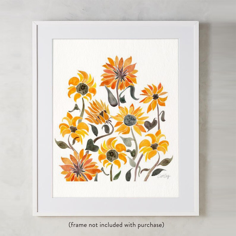 Sunflowers Watercolor Painting Art Print by CatCoq. Museum-quality on thick, archival, matte paper. Sunflower Kansas Midwest Floral image 1