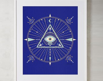 All-Seeing Eye Mandala – Digital Illustration Art Print by CatCoq. Museum-quality on thick, archival, matte paper. Vector • Evil Eye