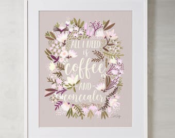 Coffee & Concealer – Watercolor Painting Art Print by CatCoq. Museum-quality on archival paper. Calligraphy, Quote, Floral, Beauty, Style
