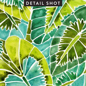 May include: Abstract watercolor painting of green and blue leaves. The leaves are stylized and have a geometric pattern. The background is white.
