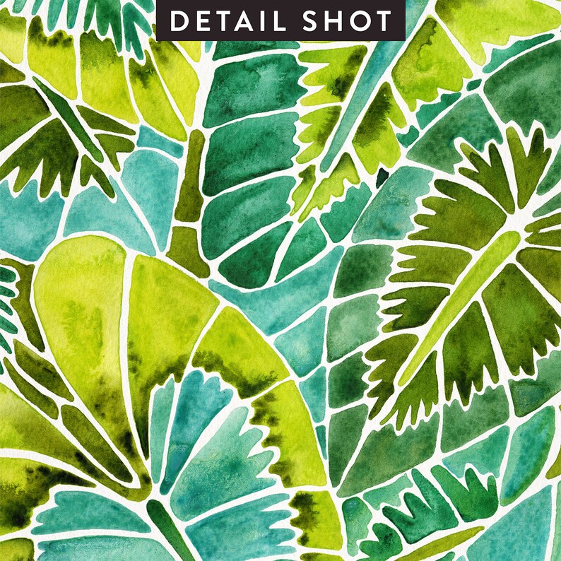 May include: Abstract watercolor painting of green and blue leaves. The leaves are stylized and have a geometric pattern. The background is white.