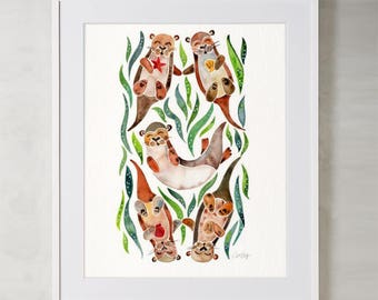 Five Otters – Watercolor Painting Art Print by CatCoq. Museum-quality on thick, archival, matte paper. Otter • Animal • Sea Otter • Animals