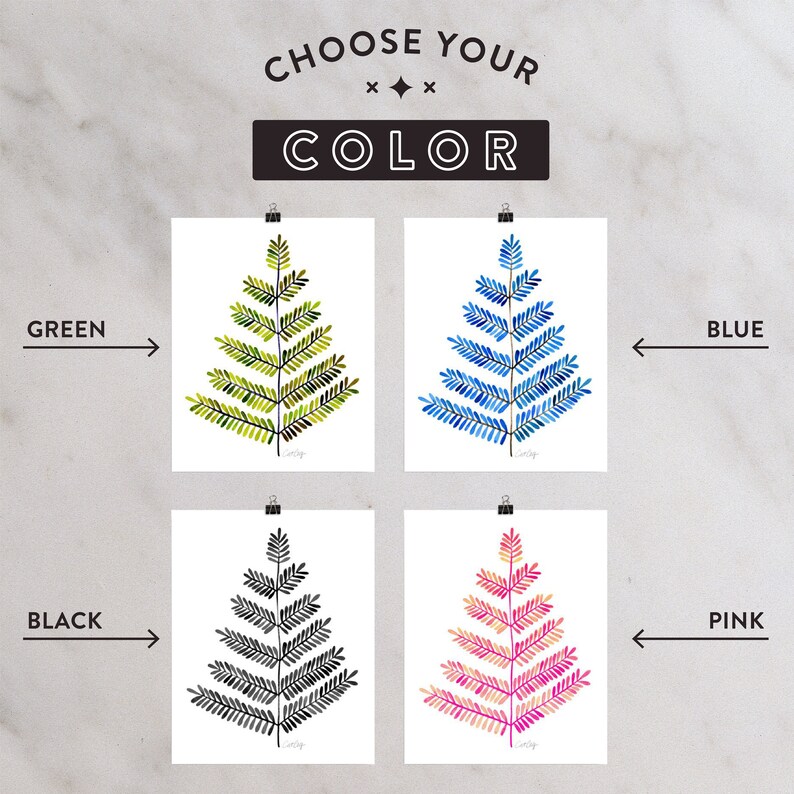 Puede incluir: Cuatro variaciones de color diferentes de una impresi&oacute;n de helecho. El helecho es un dise&ntilde;o estilizado con un esquema de color verde, azul, negro y rosa. Las impresiones se muestran sobre un fondo blanco con la palabra "Elige tu color" en la parte superior.