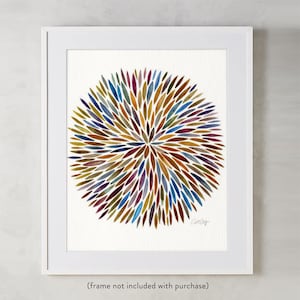 Puede incluir: Una pintura de acuarela de un dise&ntilde;o abstracto colorido. El dise&ntilde;o es un c&iacute;rculo de formas alargadas superpuestas en tonos de azul, verde, marr&oacute;n y morado. Las formas est&aacute;n dispuestas en un patr&oacute;n radial, creando una sensaci&oacute;n de movimiento y energ&iacute;a.