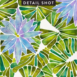 May include: Watercolor painting of blue flowers with green leaves. The flowers have a purple center and are surrounded by green leaves with a geometric pattern.