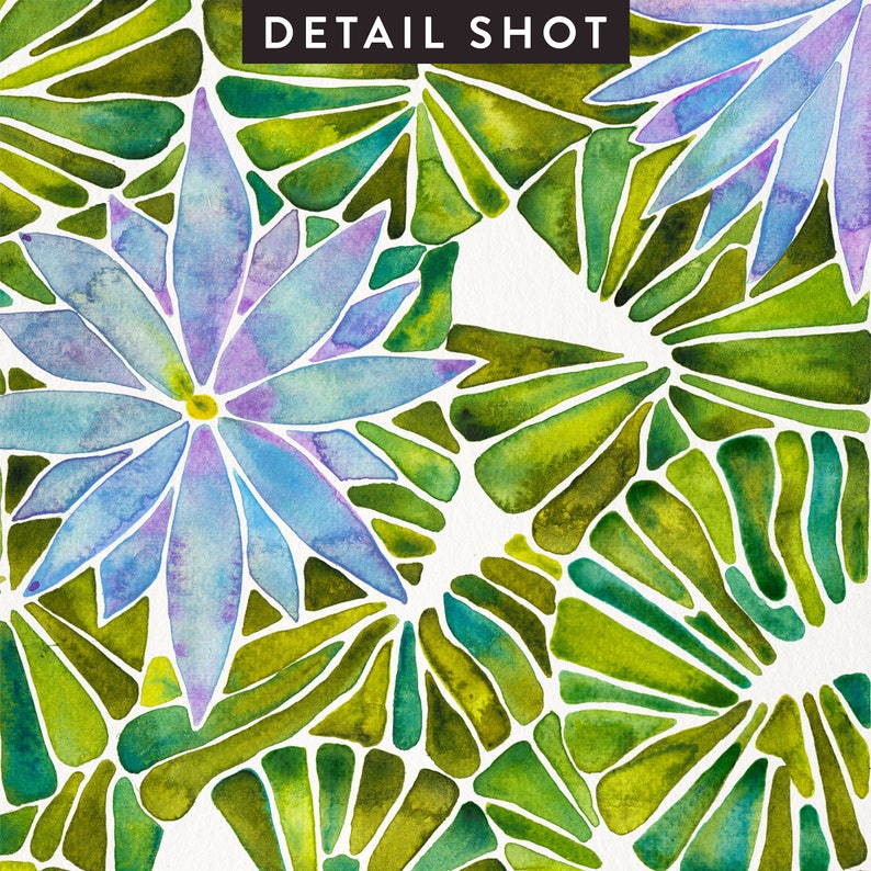 May include: Watercolor painting of blue flowers with green leaves. The flowers have a purple center and are surrounded by green leaves with a geometric pattern.