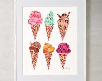 Ice Cream Cones – Watercolor Painting Art Print by CatCoq. Museum-quality on thick, archival, matte paper. Dessert • Kitchen Wall Art