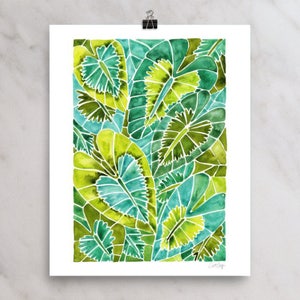 May include: Watercolor painting of green and blue leaves in a repeating pattern. The leaves are overlapping and create a sense of depth. The painting is on a white background.