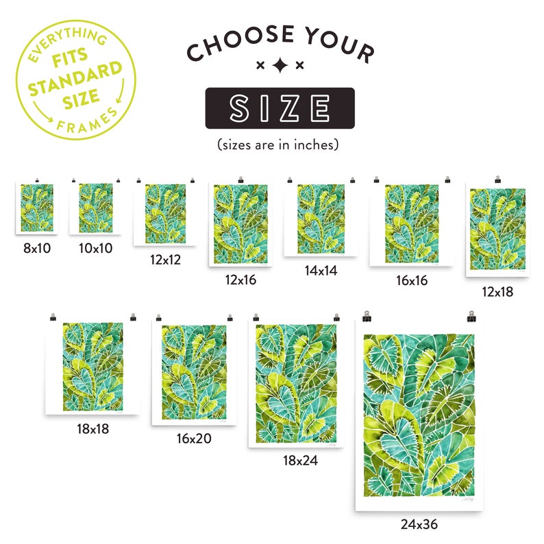 May include: A chart showing different sizes of prints available for purchase. The print features a green and blue abstract design of leaves. The sizes are listed in inches, from 8x10 to 24x36.