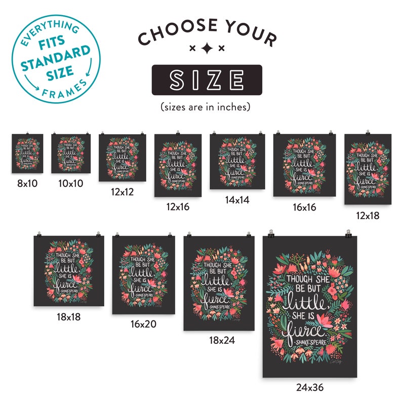 May include: A chart showing different sizes of prints available for purchase. The prints feature a floral design with the text "Though she be but little, she is fierce."  The sizes range from 8x10 inches to 24x36 inches.