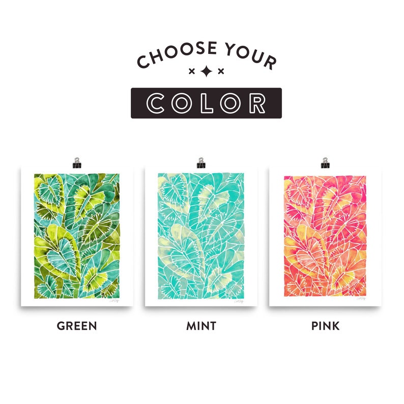 May include: Three watercolor prints of a leafy pattern in green, mint, and pink. The prints are titled "Green", "Mint", and "Pink".