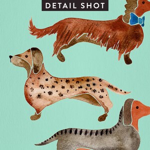 Puede incluir: Tres ilustraciones de acuarela de dachshund. El dachshund de arriba es marr&oacute;n con una pajarita azul. El dachshund del medio es marr&oacute;n con manchas negras. El dachshund de abajo es gris con rayas negras.