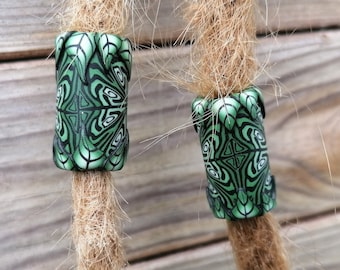 7mm Green Leafy Dread Bead, Fimo Clay, Leaves, Spirals, Intricate Millefiori Design