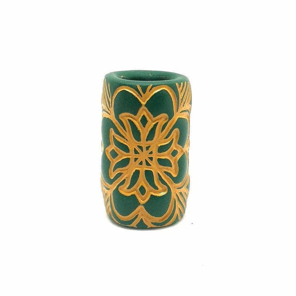 8mm Forest Green Dread Bead, Dreadlock Beads, Antiqued Gold, Mandala Flower Design, Handmade by The Dread Bead Shop