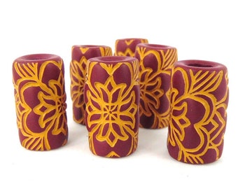 6mm Burgundy Red Dread Bead, Antiqued Gold, Mandala Flower, Handmade Polymer Clay Dreadlock Beads by The Dread Bead Shop