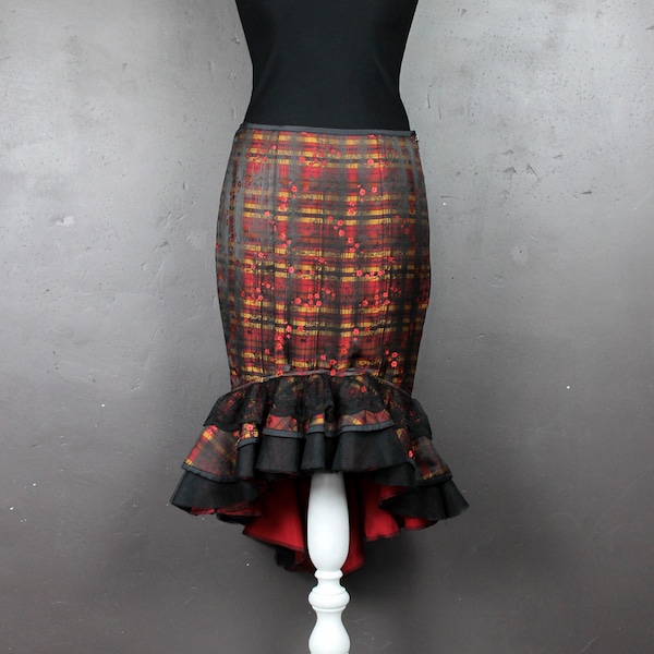 Triple stacked ruffled checkered jacquard embroidered MIDI sheath skirt branches of cherry red lace flowers black m