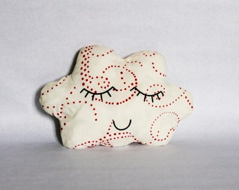Cloud cushion soft toy decorative pillow cream cotton printed arabesques small red polka dots embroidered serene face too cute handmade black thread