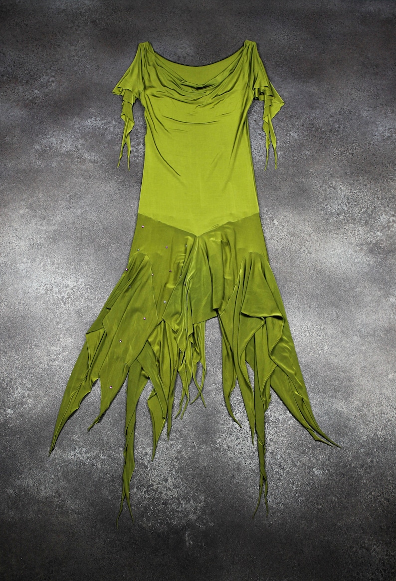 Green women evening dress knee-length pistachio green jersey cowl neck shoulders bare cascade of ruffles embroidered white rose rhinestone fuchsia TM