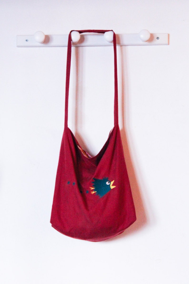 Large raspberry cotton embroidered bird manga teal lining bathmat printed canvas shoulder bag handbag image 1