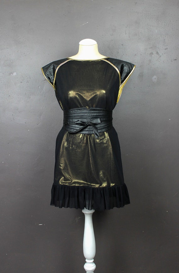 Evening Dress Dress Short Golden Coated Jersey Shiny Fishnet Shoulder Reptile Raglans Black Gold Bias Ruffles Size M
