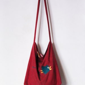 Large raspberry cotton embroidered bird manga teal lining bathmat printed canvas shoulder bag handbag image 5